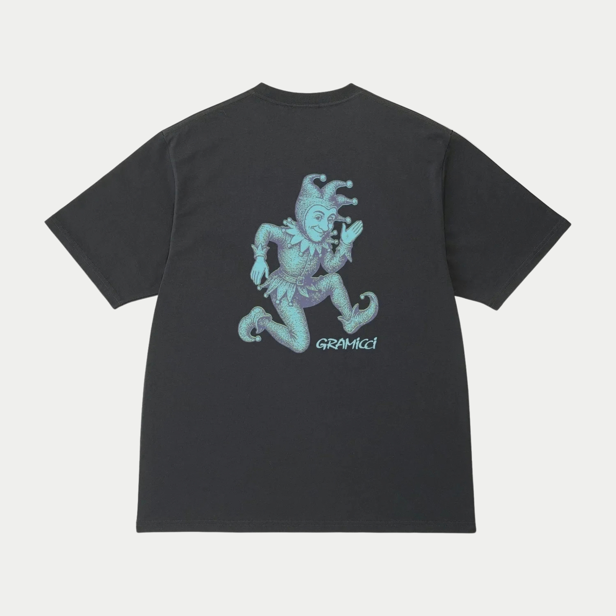 T-shirt Joker Noir Gramicci - packshot du dos, bouffon imprimé en turquoise sur coton lavé
