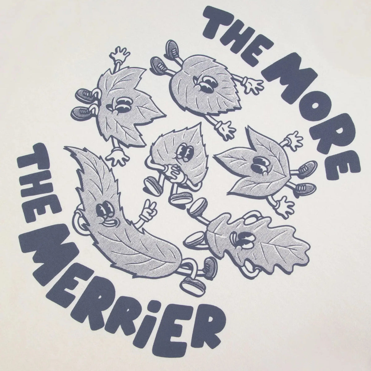 Détail de la sérigraphie dos du T-shirt Lugny écru Faguo : six feuilles et lettrage The More The Merrier