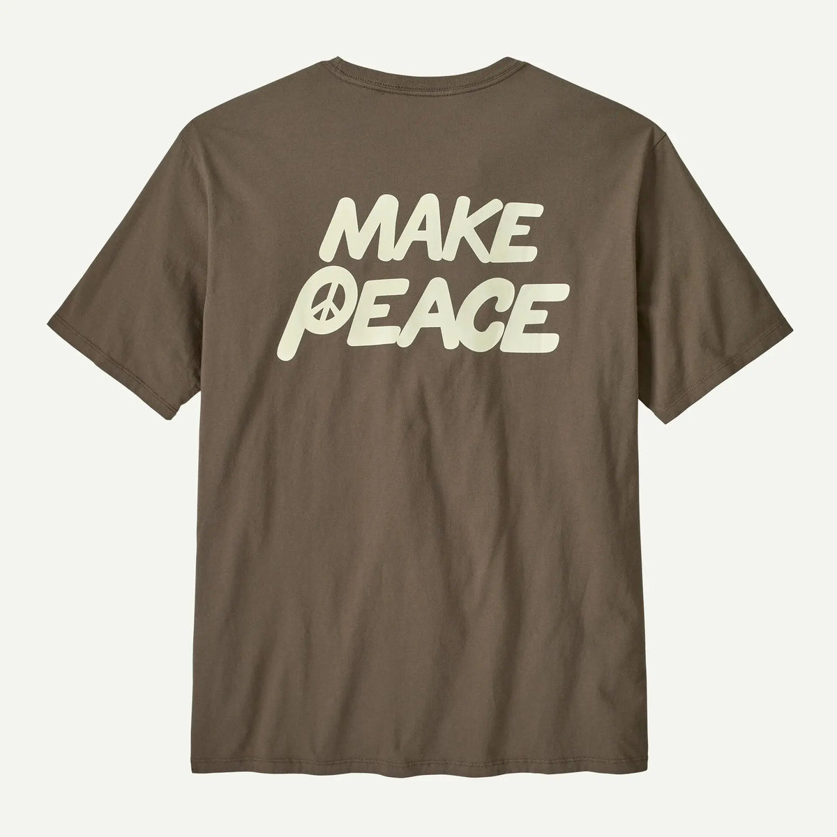 Dos du T-shirt Make Peace Marlow Brown, gros lettrage crème avec symbole peace dans le P