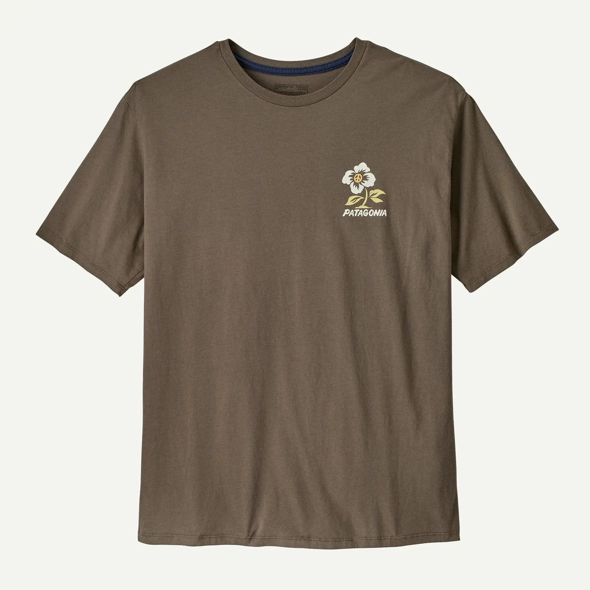 T-shirt Make Peace Marlow Brown de face, fleur imprimée et logo PATAGONIA sur la poitrine