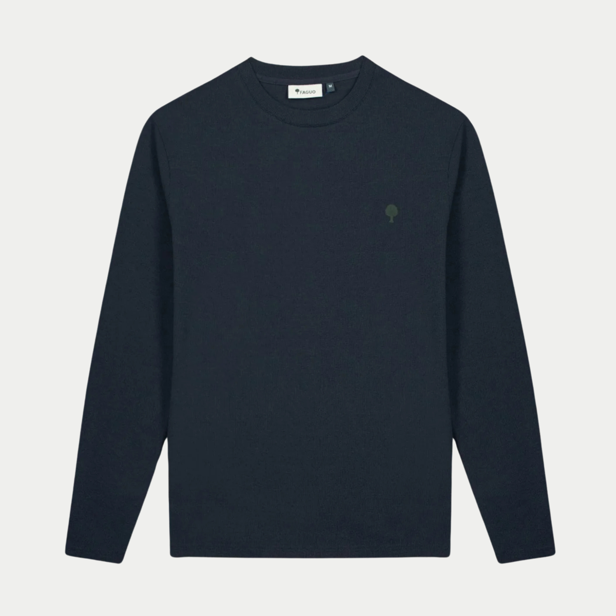 T-shirt manches longues Bailly bleu marine Faguo vu de face, col rond côtelé et arbre brodé vert olive