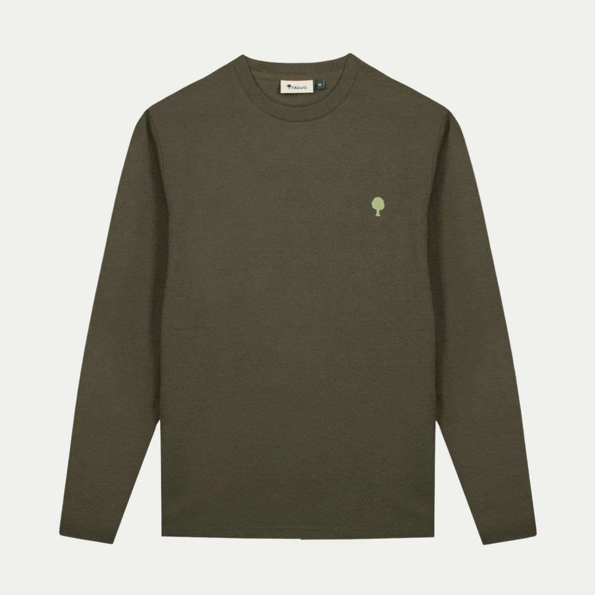 T-shirt manches longues Bailly kaki Faguo vu de face, col rond et arbre brodé vert clair