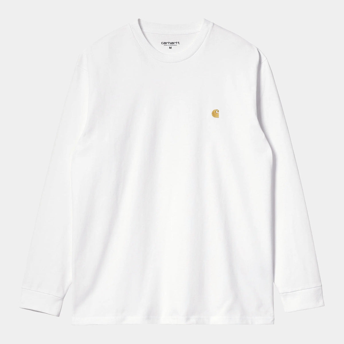T-shirt manches longues Chase blanc Carhartt WIP à plat de face, jersey blanc franc et logo C brodé doré sur la poitrine