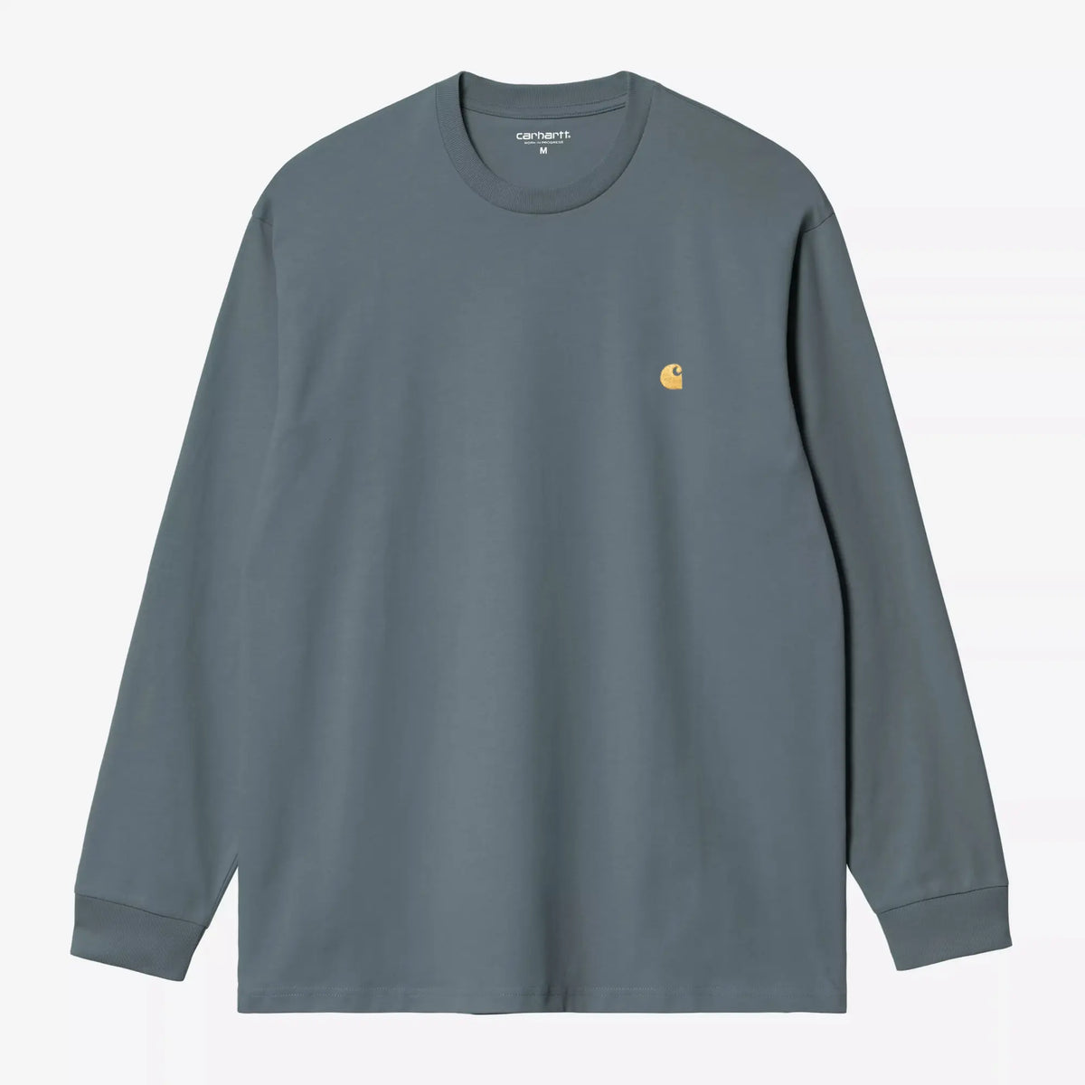 T-shirt manches longues Chase Carhartt WIP bleu-gris ardoise à plat, col et poignets côtelés, logo C doré