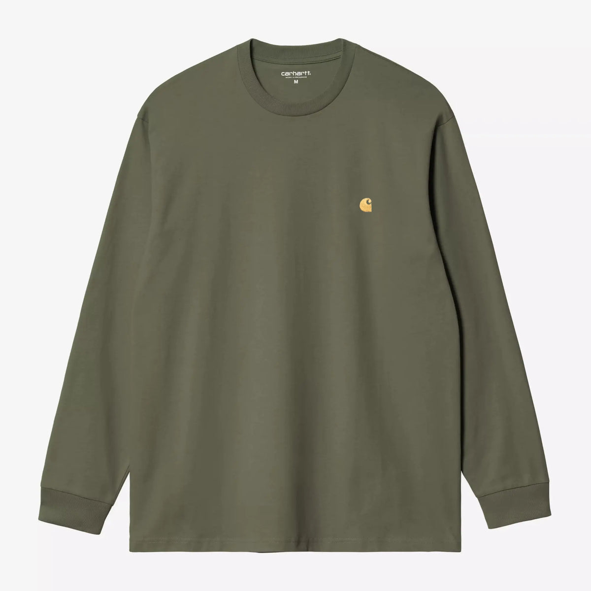 T-shirt manches longues Chase kaki Leaf Carhartt WIP, vue de face à plat, logo C doré brodé sur la poitrine gauche