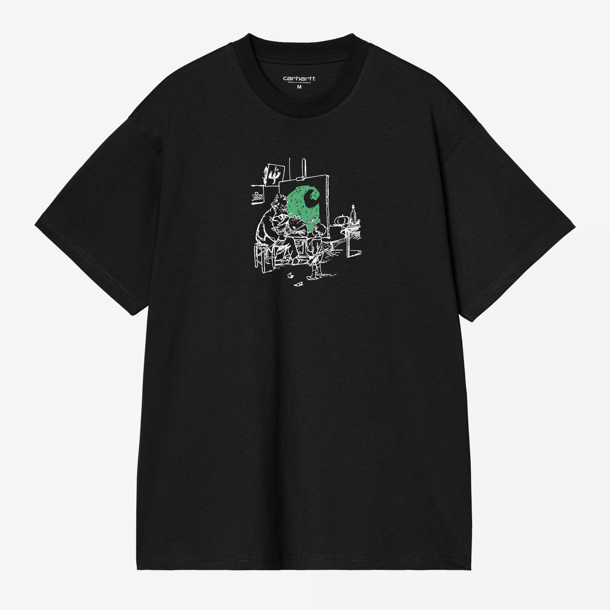 T-shirt Old Painter Carhartt WIP noir, scène d'atelier gravée au trait blanc avec logo C peint en vert, vue de face à plat