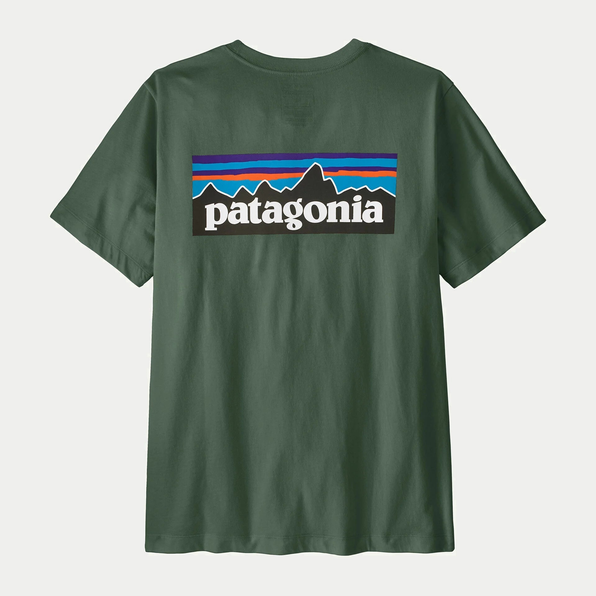 T-shirt P-6 Logo Patagonia Canopy Green, dos à plat avec le grand logo P-6 sérigraphié montagnes et lettrage blanc