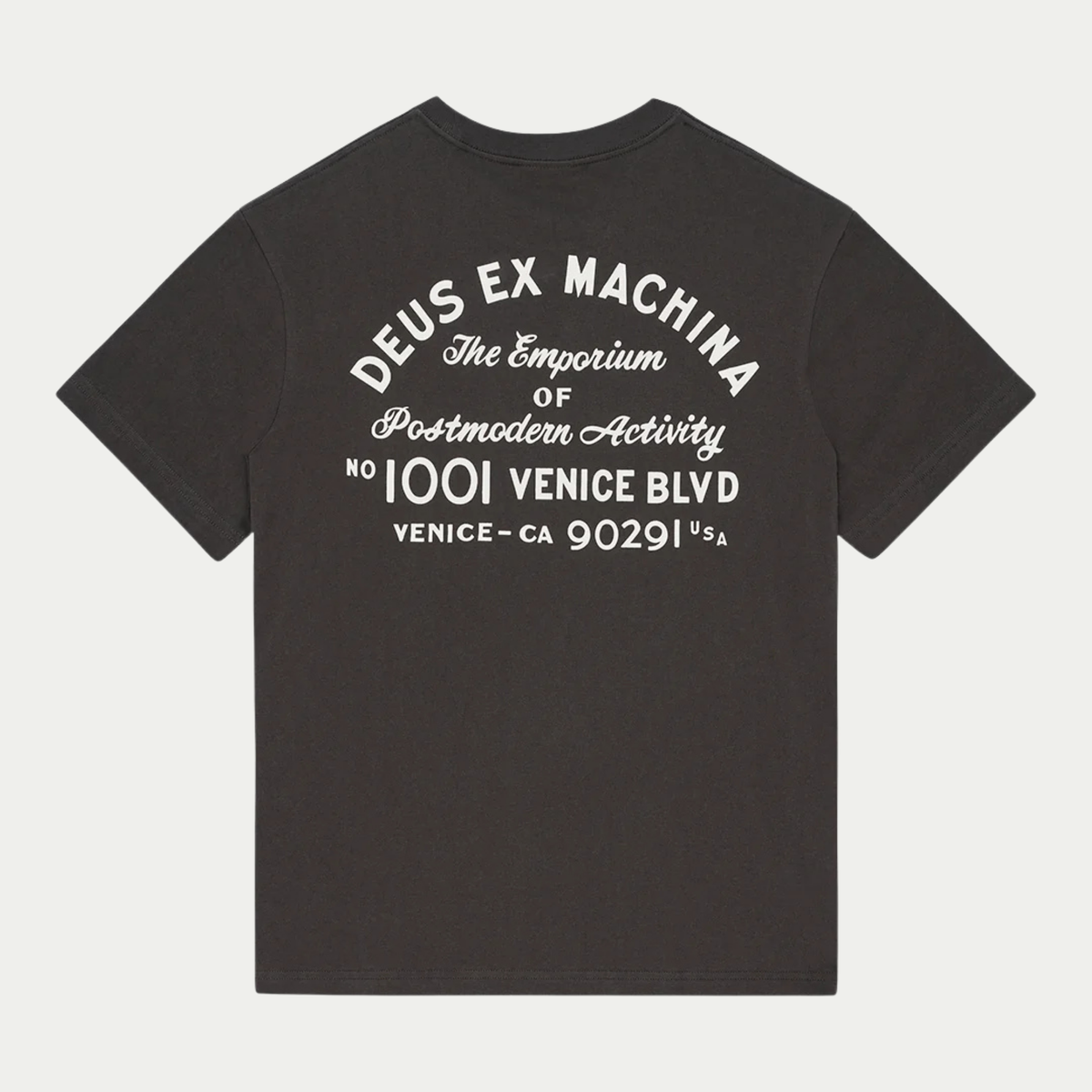 T-shirt Park anthracite Deus Ex Machina vu de dos, imprimé blanc cassé Emporium of Postmodern Activity, 1001 Venice Blvd