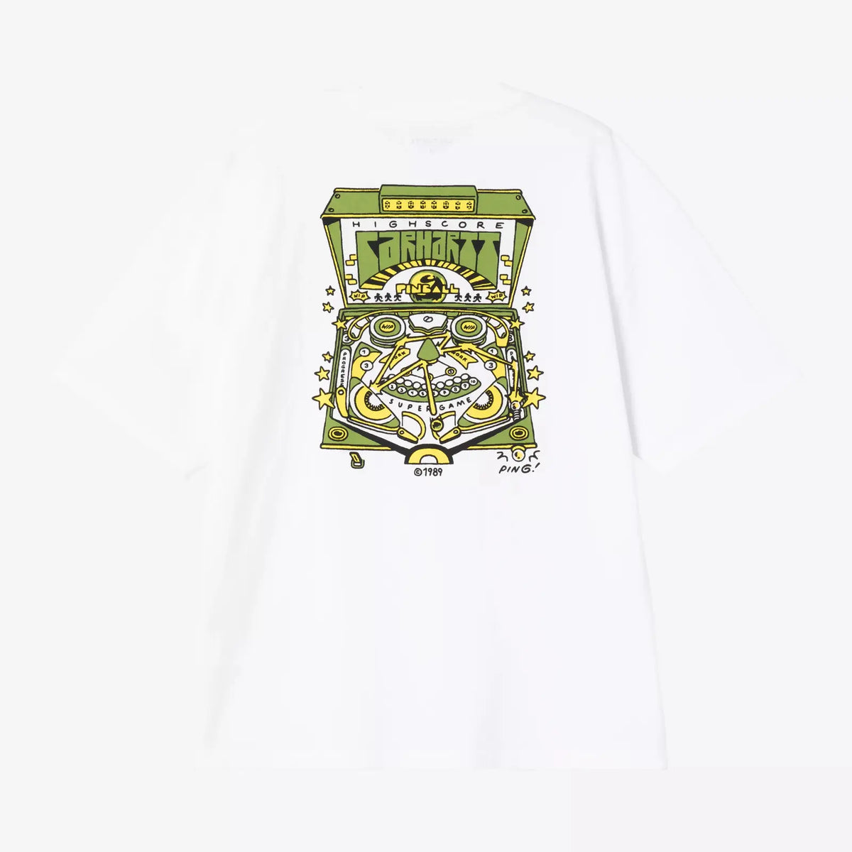 Dos du T-shirt Pinball blanc : grand flipper imprimé vert olive et jaune, fronton Highscore et mention Ping