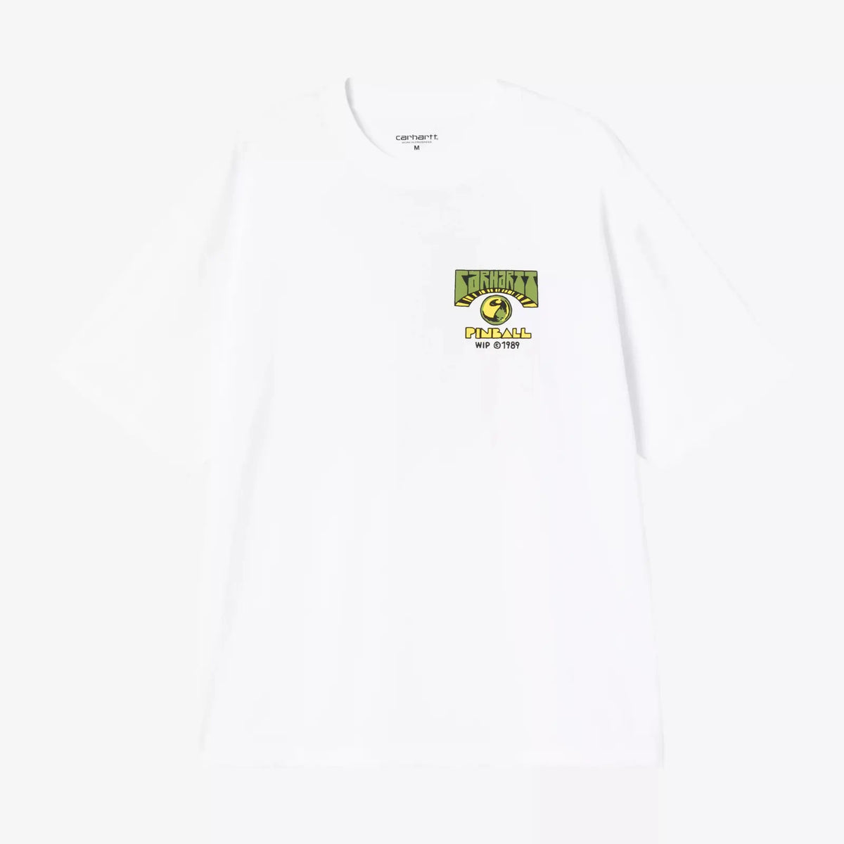 T-shirt Pinball blanc à plat, devant : petit logo Carhartt Pinball WIP 1989 vert olive et jaune en poitrine