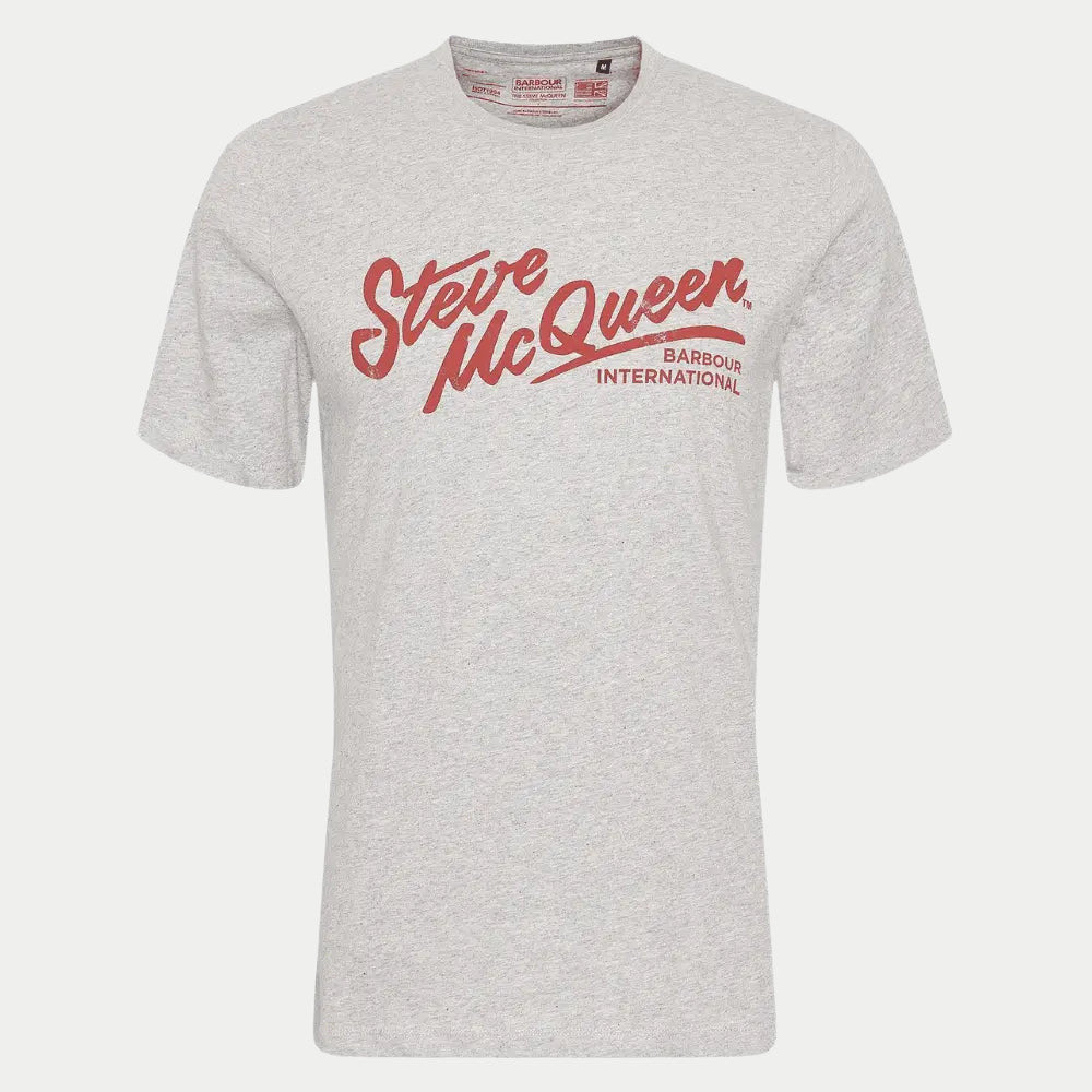 T-shirt Strike gris chiné clair, lettrage manuscrit Steve McQueen rouge brique
