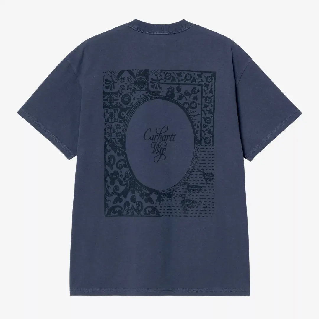 Dos du T-shirt Vestige Bleu Marine stone washed : grand motif ornemental encadré imprimé ton sur ton