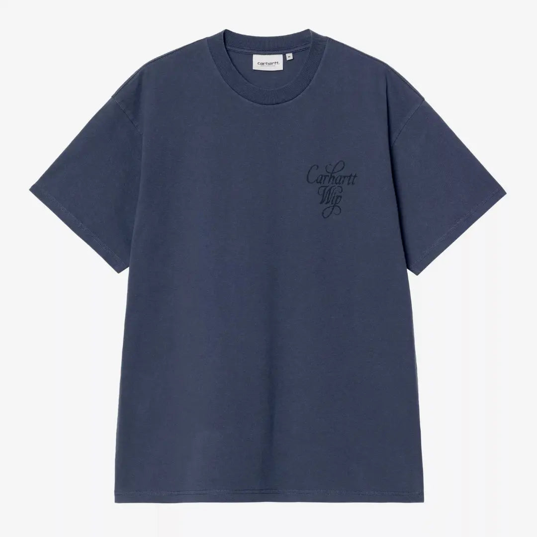 T-shirt Vestige Bleu Marine stone washed à plat, script ton sur ton sur la poitrine et col rond côtelé