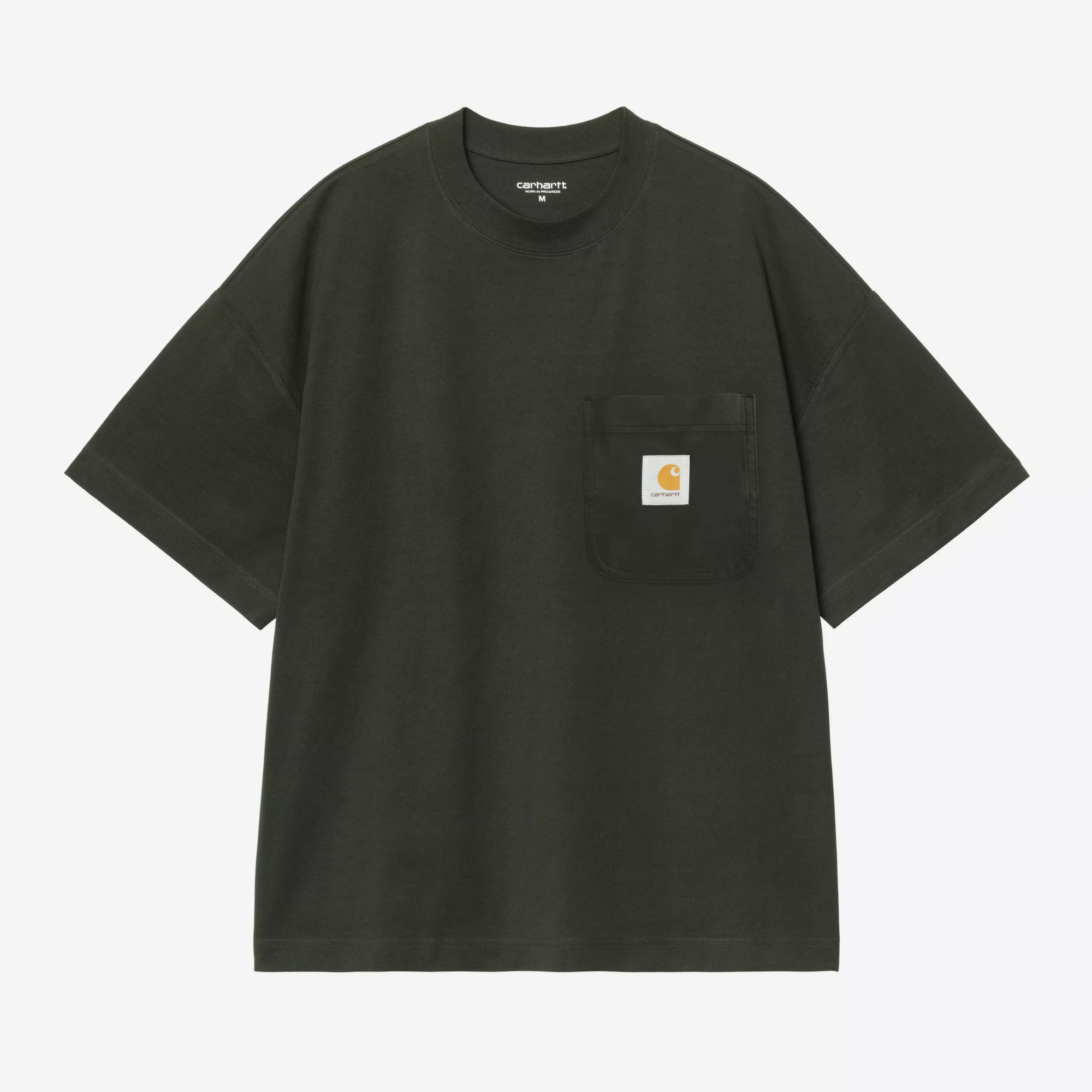 T-shirt Work Pocket Carhartt WIP coloris Raven, vert sapin sombre, poche poitrine à Square Label tissé, vue de face à plat