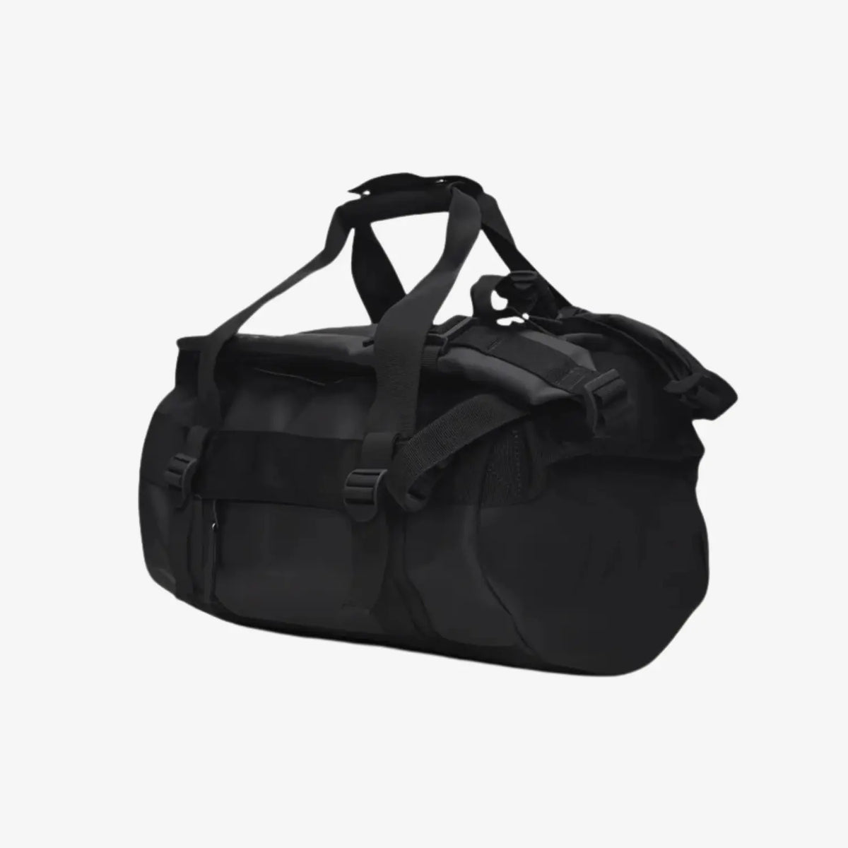 Texel Duffel Bag Mini noir de trois quarts, ouverture zippée sur le dessus et poignées sanglées
