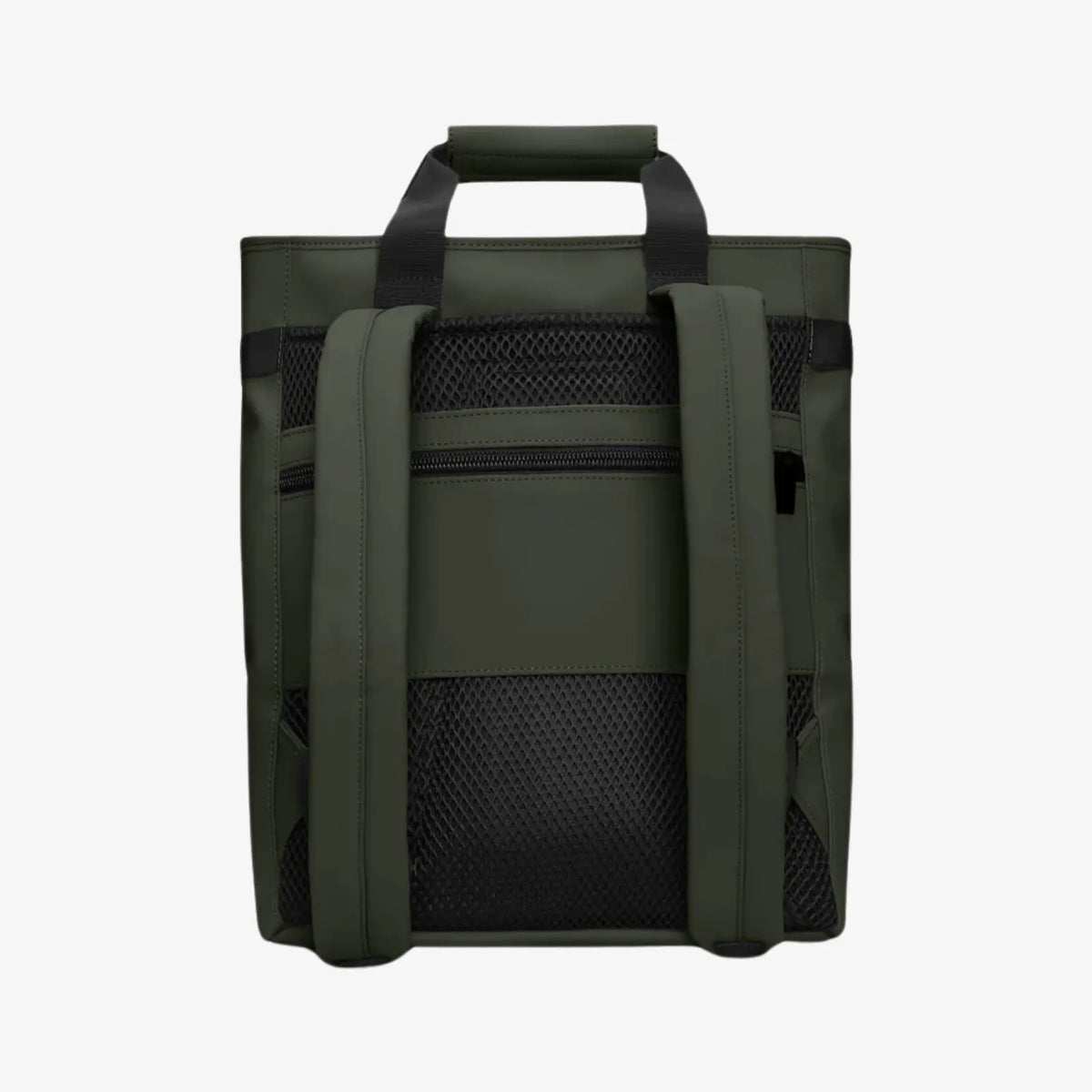 Dos du Texel Tote Backpack vert kaki, bretelles souples, filet noir et poche zippée dorsale