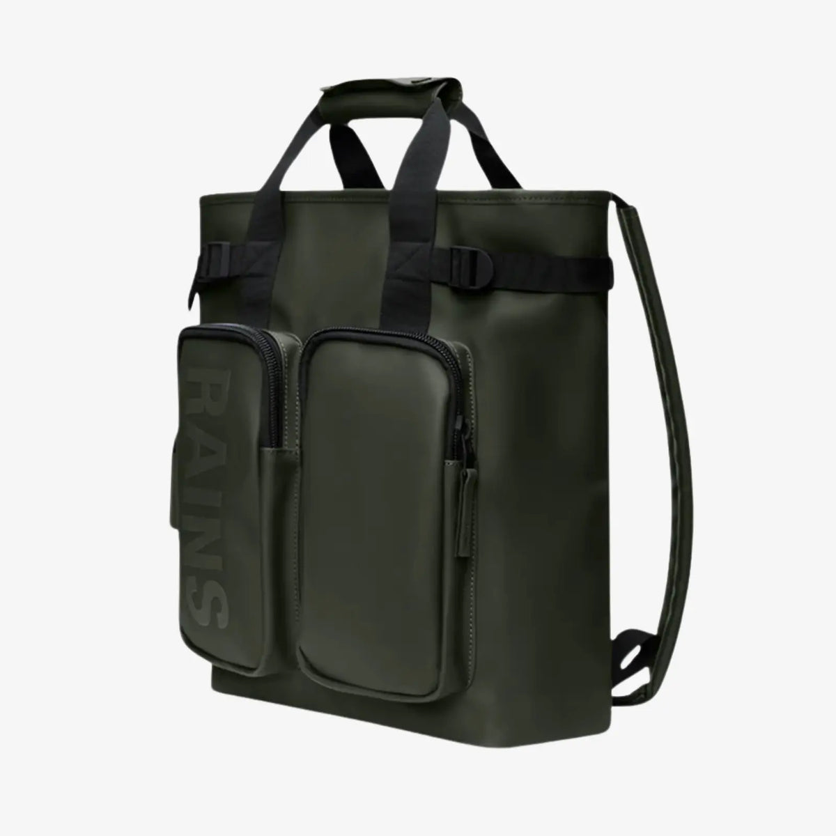Texel Tote Backpack vert kaki de trois quarts, anses hautes et sangle de serrage à boucle