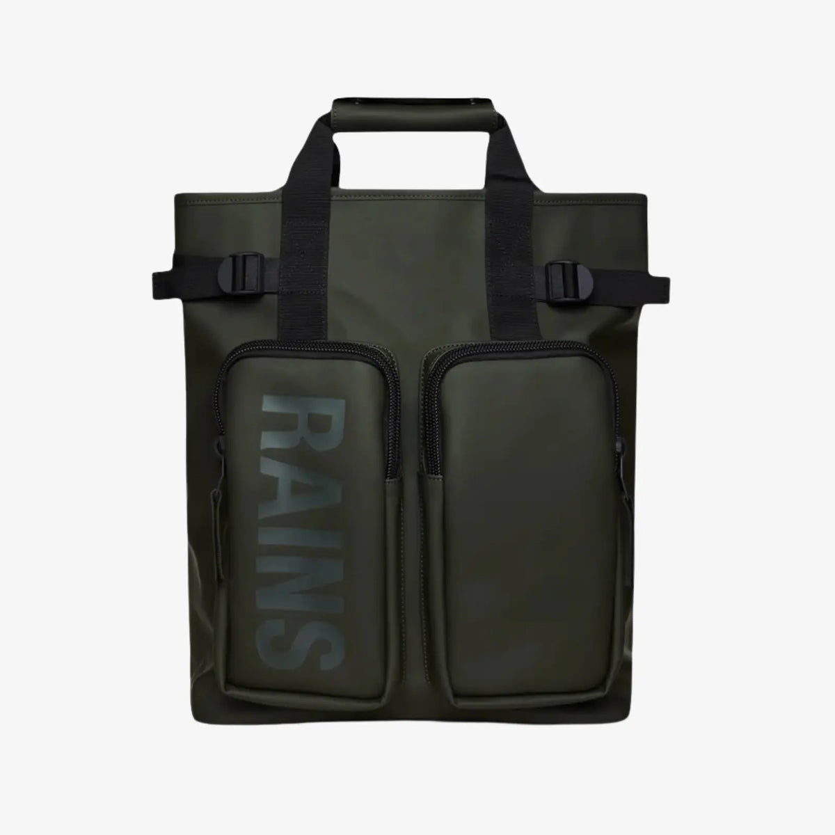 Texel Tote Backpack vert kaki de face, lettrage RAINS imprimé et deux poches zippées verticales