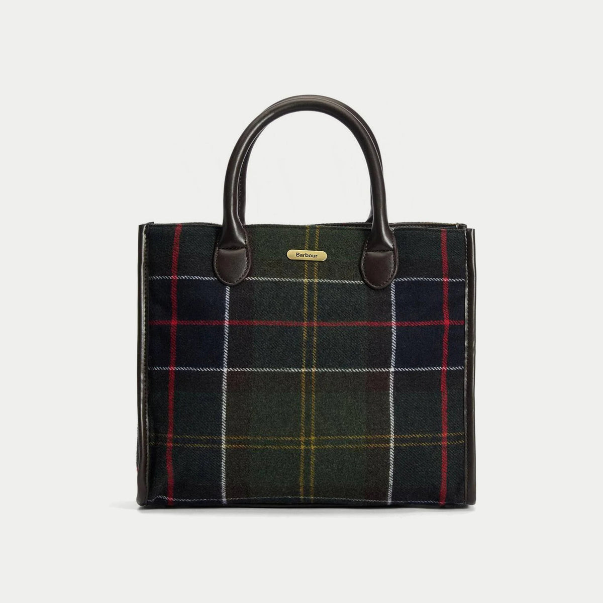 Tote bag Barrhill tartan olive vu de face en cadrage large, corps qui tient debout et flancs bordés de similicuir brun