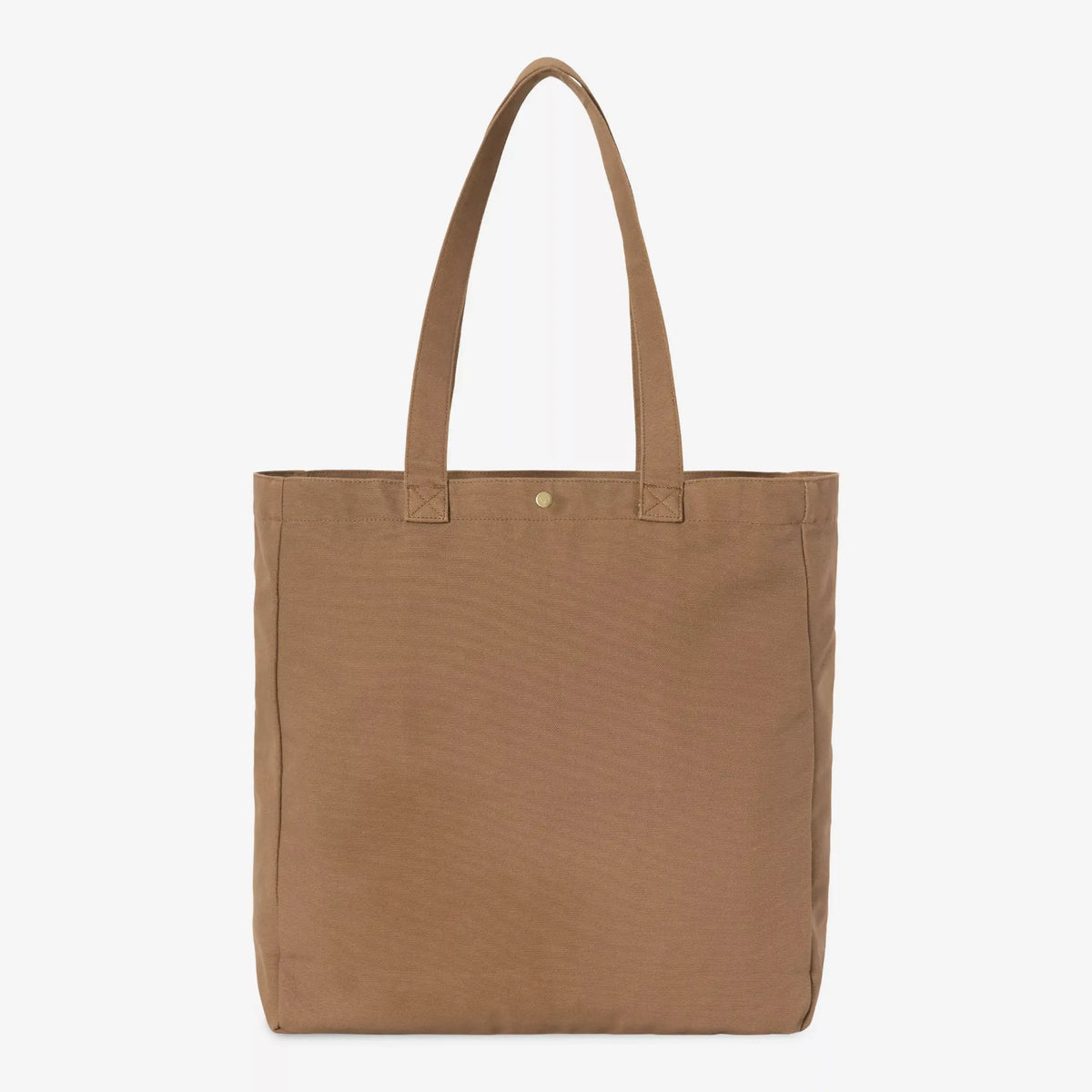 Dos du Tote Bag Bay brun caramel : toile duck unie sans poche, bouton pression laiton, anses en sangle