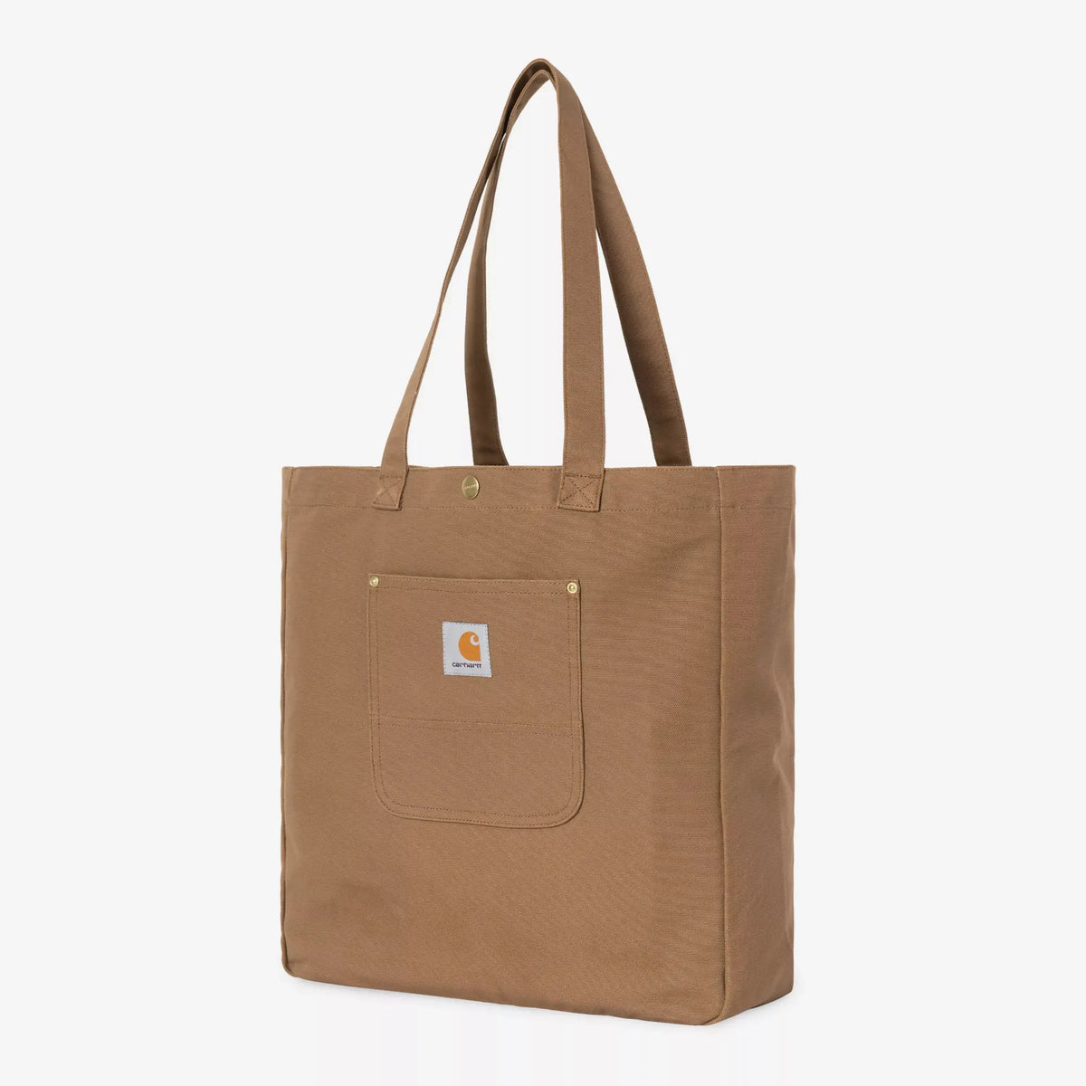 Tote Bag Bay brun caramel de trois quarts : soufflet latéral, fond plat renforcé, poche frontale arrondie