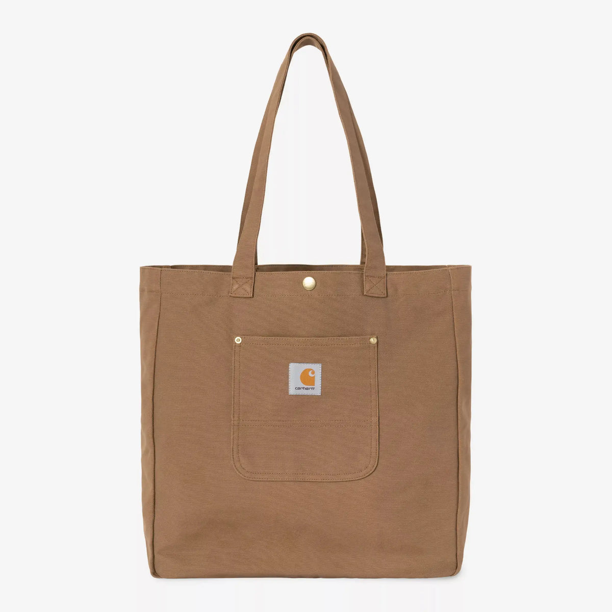 Tote Bag Bay Hamilton Brown vu de face : toile duck brun caramel, poche plaquée à rivets laiton, anses longues