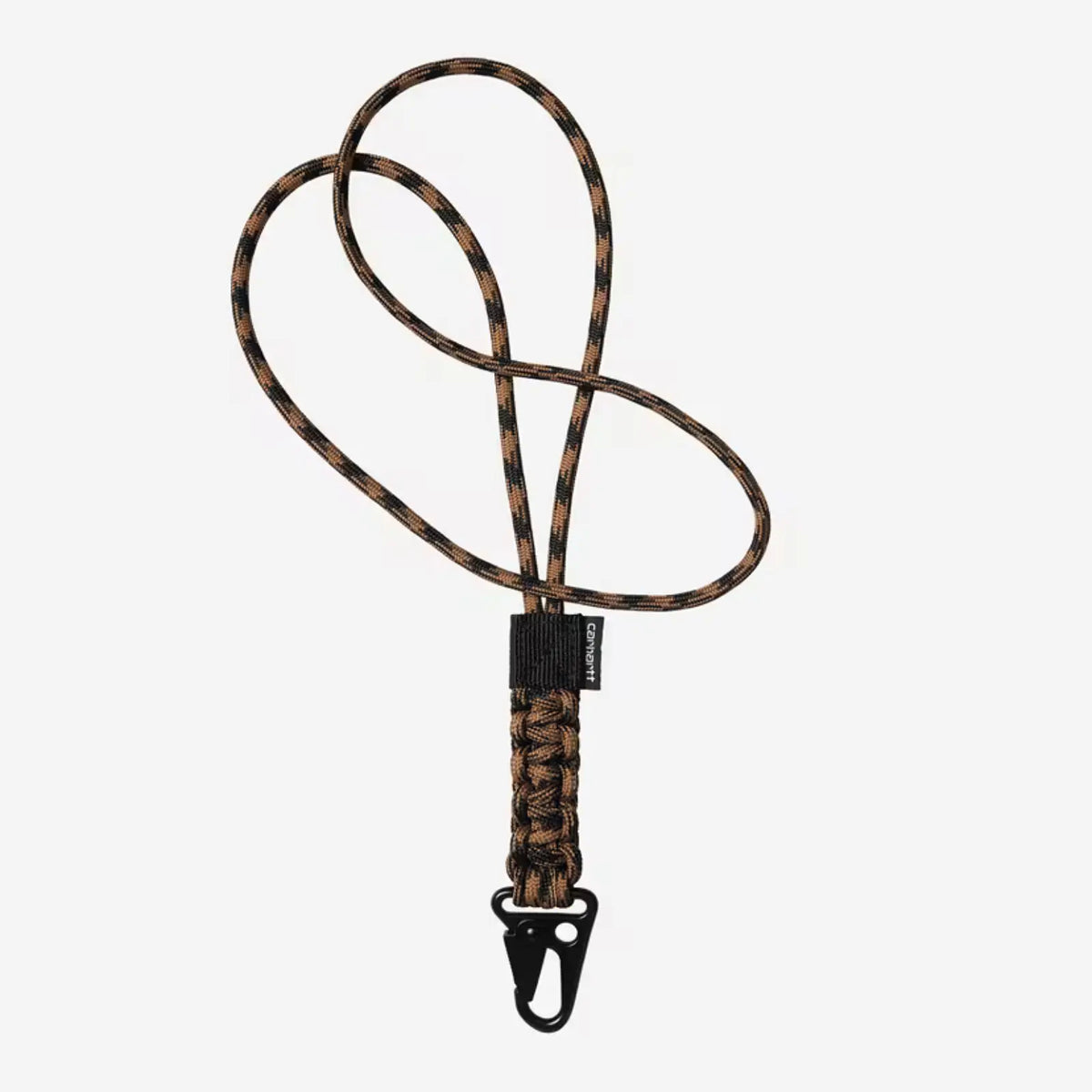 Tour de cou en corde tressée brun caramel et noire, partie nattée, étiquette logo et mousqueton noir