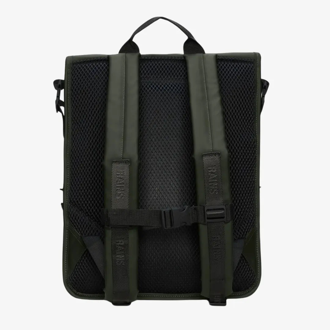 Dos du Trail Mountaineer Rolltop vert kaki, bretelles assorties et dossier en filet noir