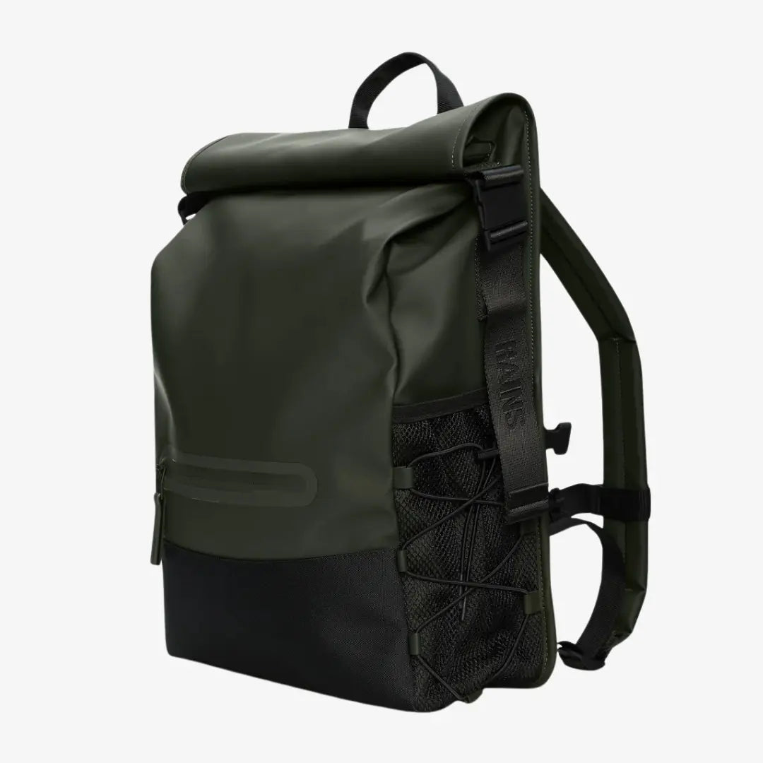 Trail Mountaineer Rolltop vert kaki de trois quarts, poche filet à cordon et sangle siglée