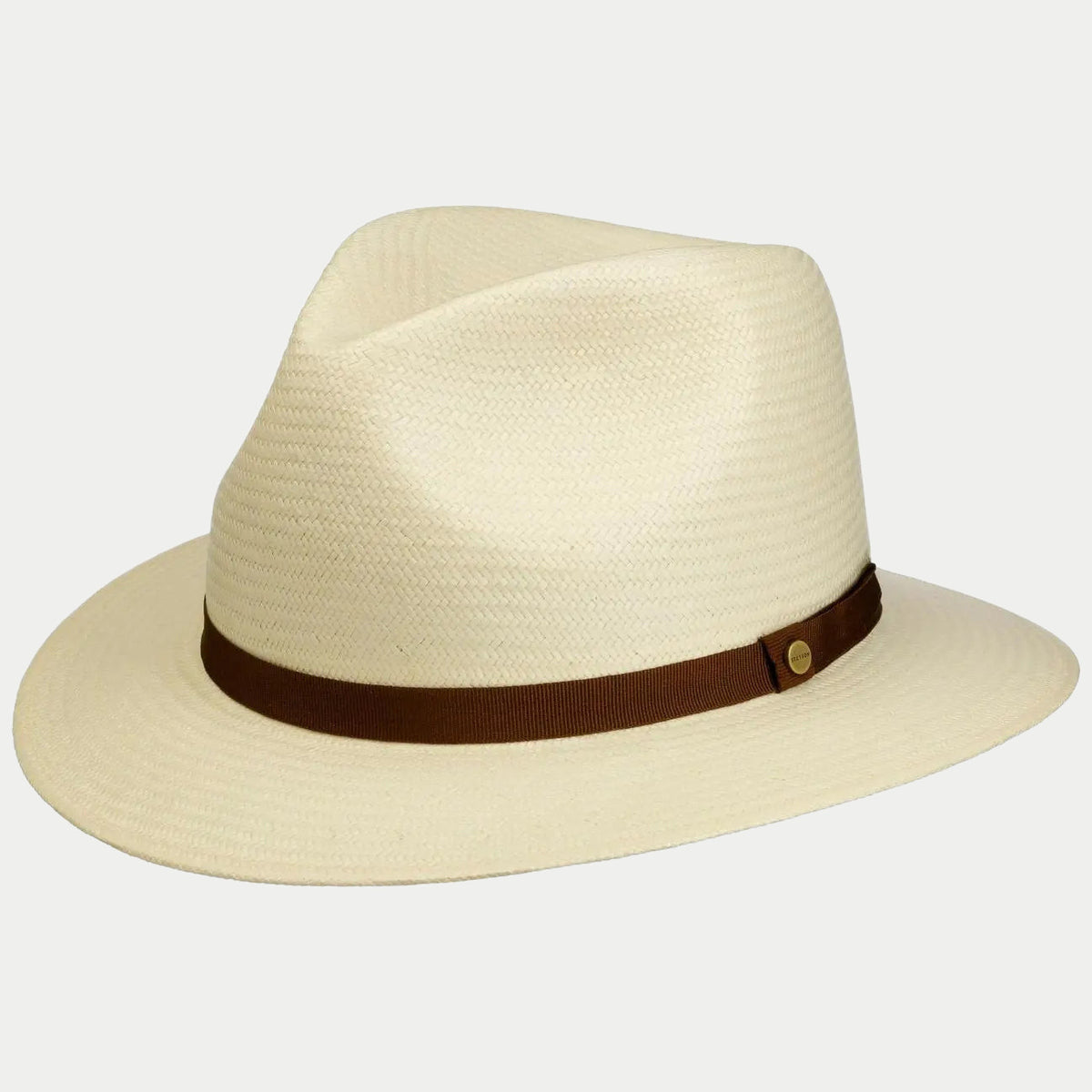 Chapeau traveller Fallkirk de profil, paille écrue et ruban gros-grain marron