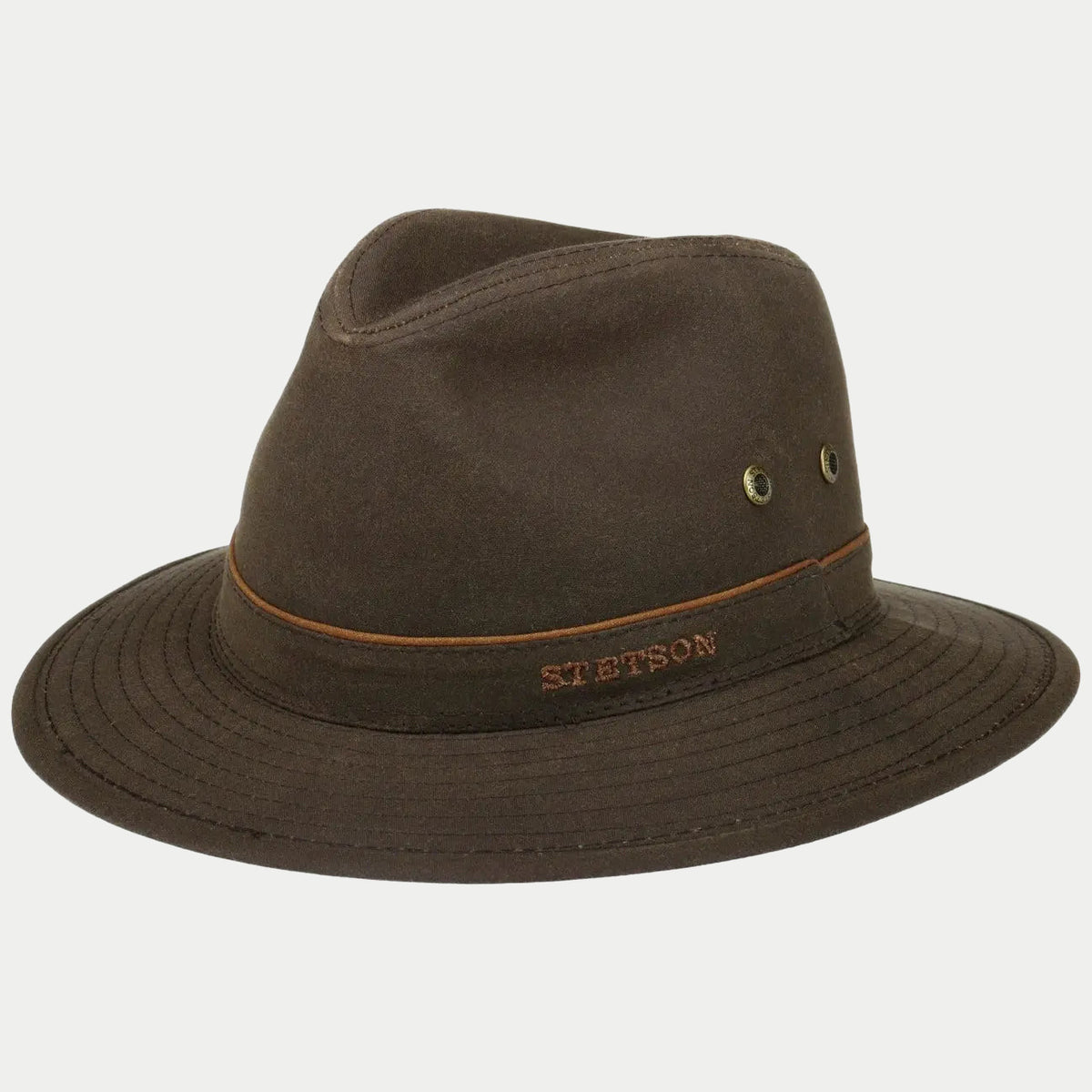 Chapeau Traveller en coton ciré marron foncé, galon cuir camel et œillets laiton