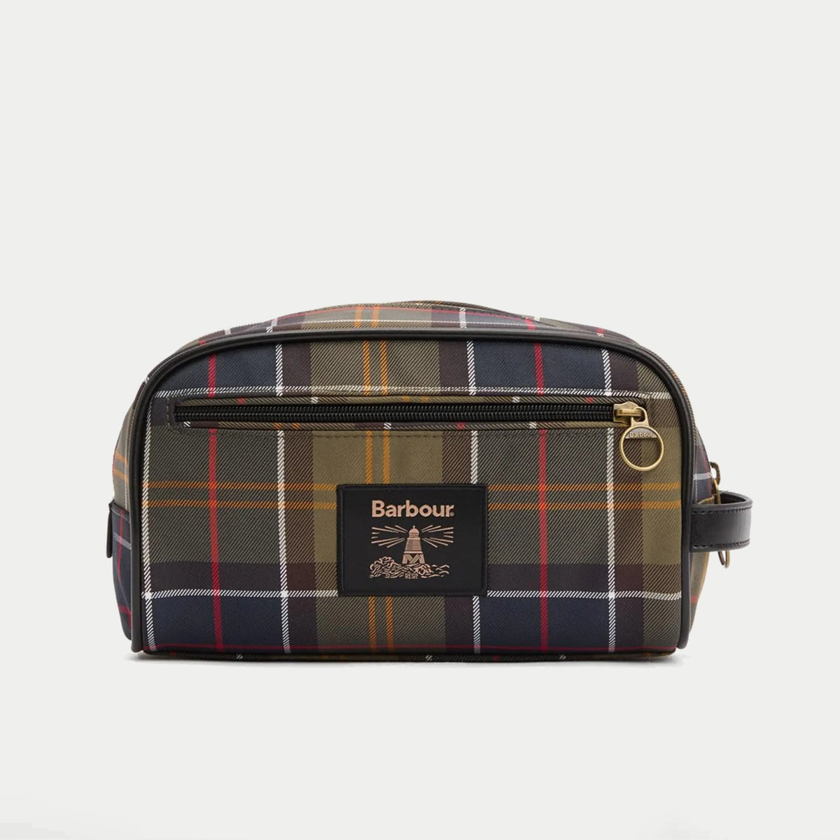 Trousse de toilette tartan Barbour - packshot de face, patch Barbour brodé et zip à tirette anneau