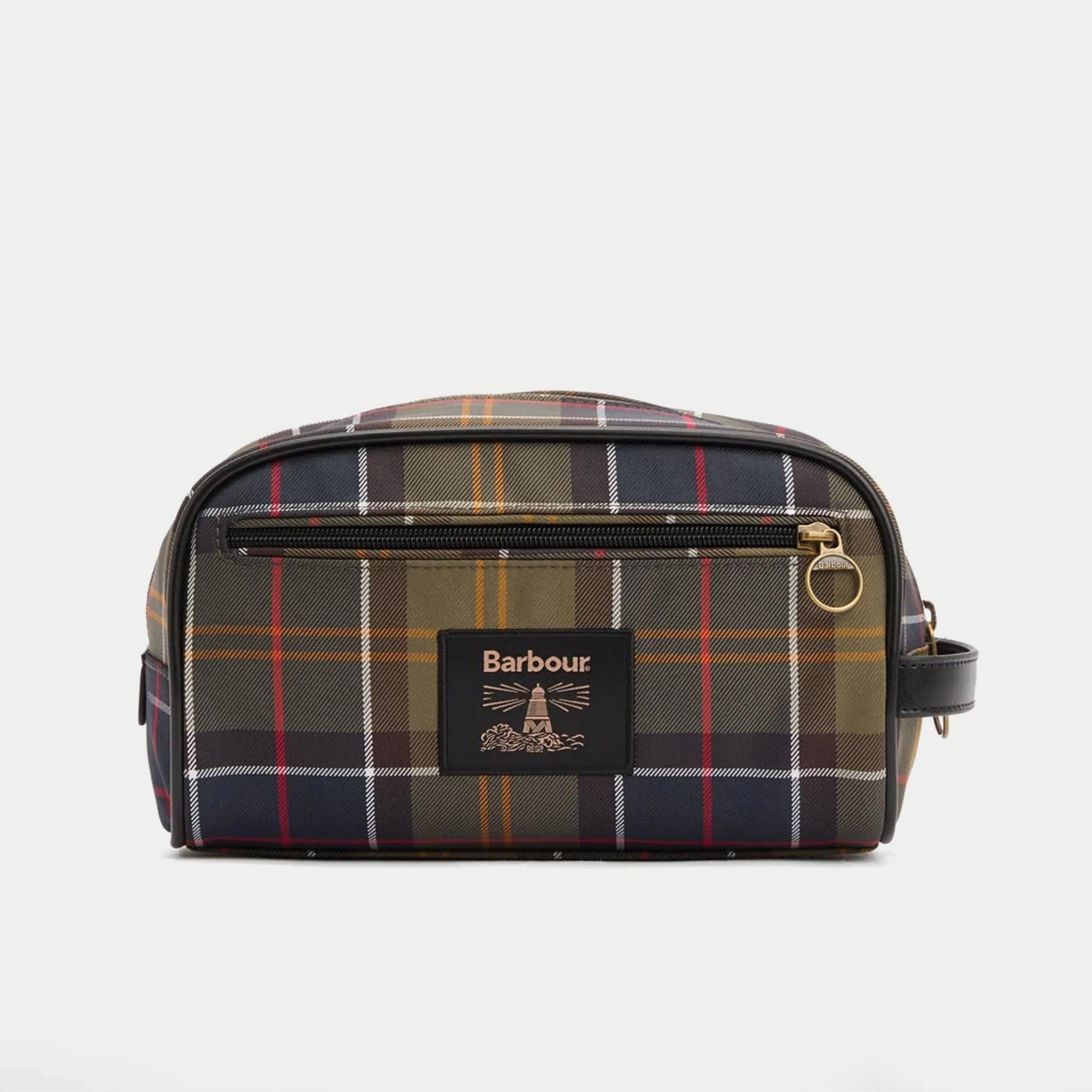 Trousse de toilette tartan Barbour - packshot de face, patch Barbour brodé et zip à tirette anneau
