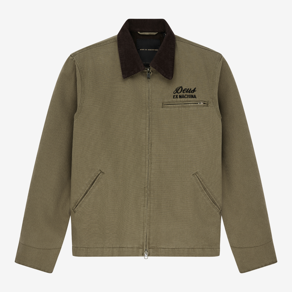 Veste Address Workwear olive Deus Ex Machina vue de face, col en velours côtelé marron, zip et logo brodé sur la poitrine