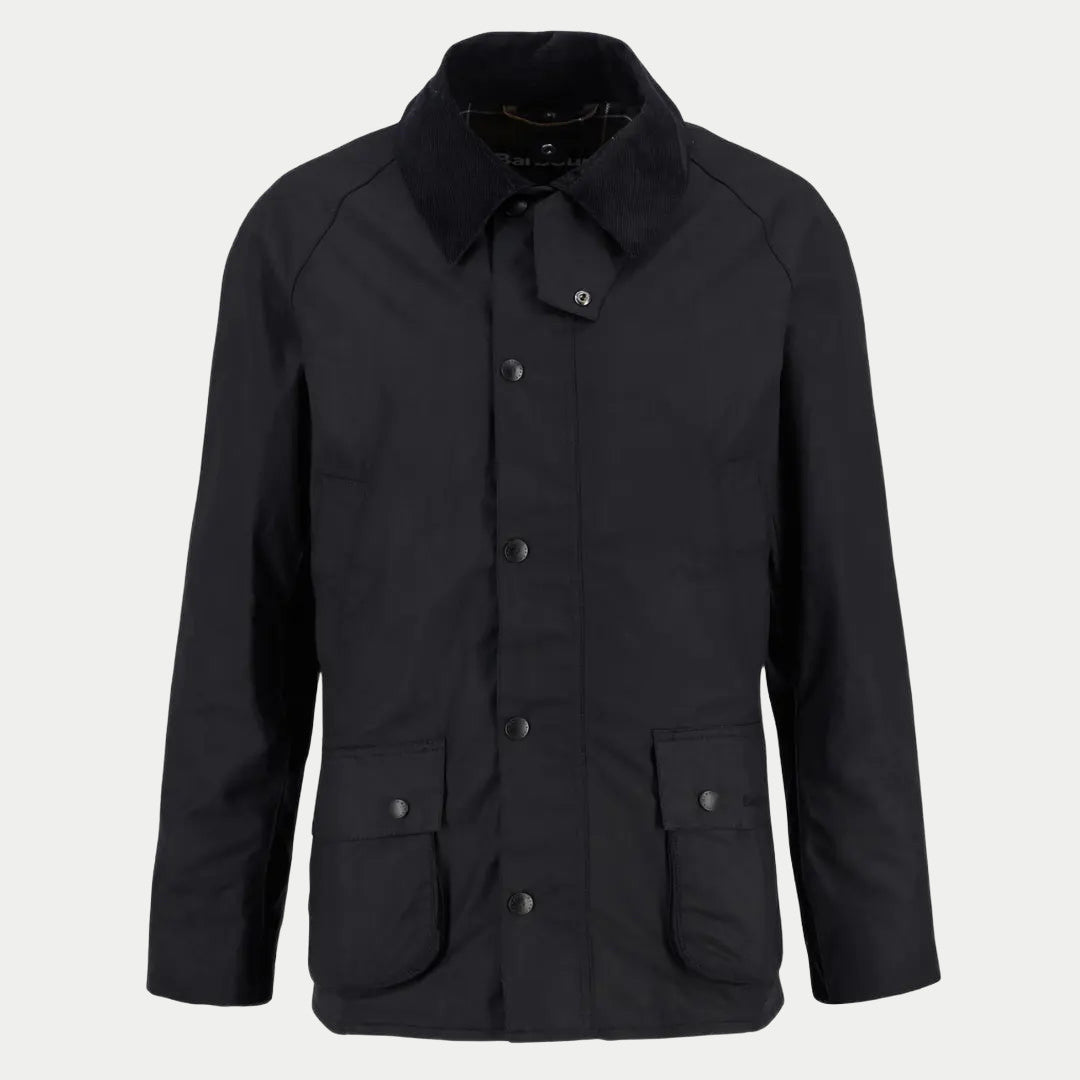 Veste cirée Ashby Barbour noire vue de face, col en velours côtelé noir et doublure tartan