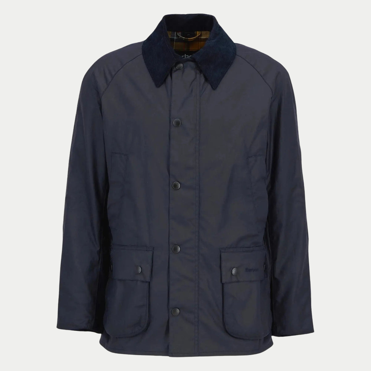 Veste cirée Ashby Barbour marine vue de face, col en velours côtelé et doublure tartan apparente