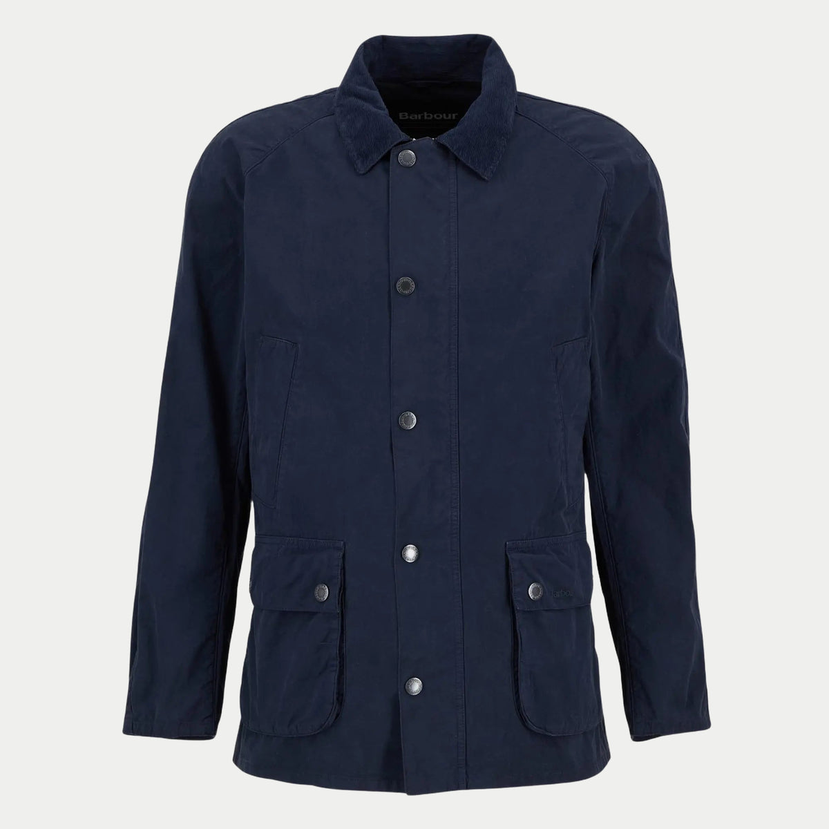 Veste Ashby Casual Barbour Marine à plat, coton mat bleu nuit, col en velours côtelé et patte à pressions