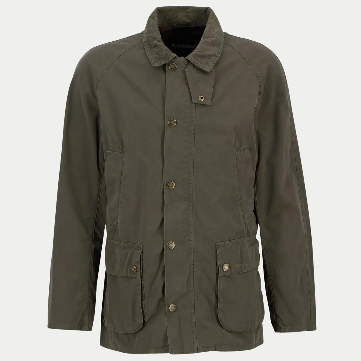 Veste Ashby Casual Barbour Olive à plat, coton mat vert olive, col velours côtelé et pressions laiton vieilli