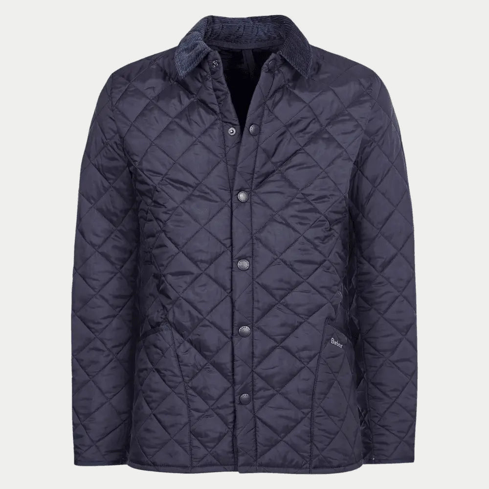 Veste matelassée Heritage Liddesdale bleu marine Barbour, packshot de face, col en velours côtelé et fermeture à pressions