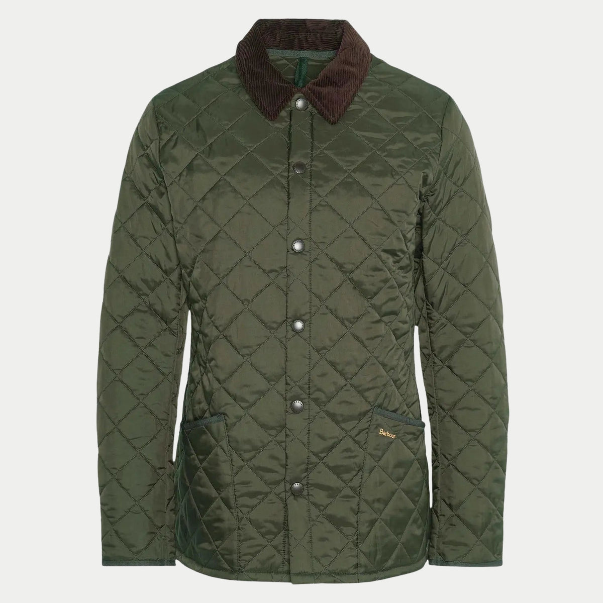 Veste matelassée Heritage Liddesdale olive Barbour, packshot de face, col en velours côtelé brun et poches plaquées