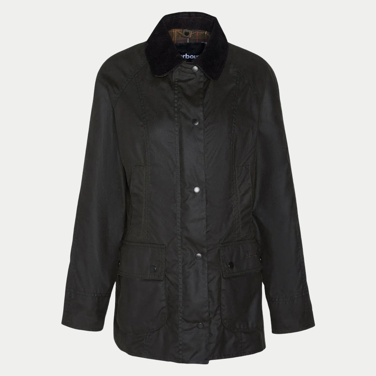 Veste cirée Barbour Beadnell olive, col en velours côtelé brun et poches basses à rabat, vue de face à plat