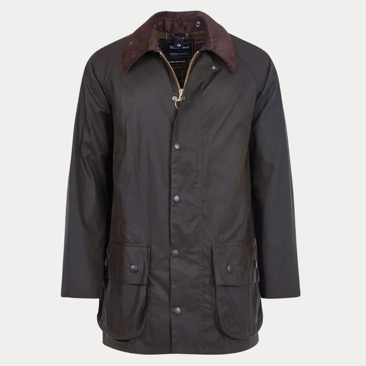 Veste cirée Beaufort olive Barbour à plat, coupe longue, col velours marron et doublure tartan