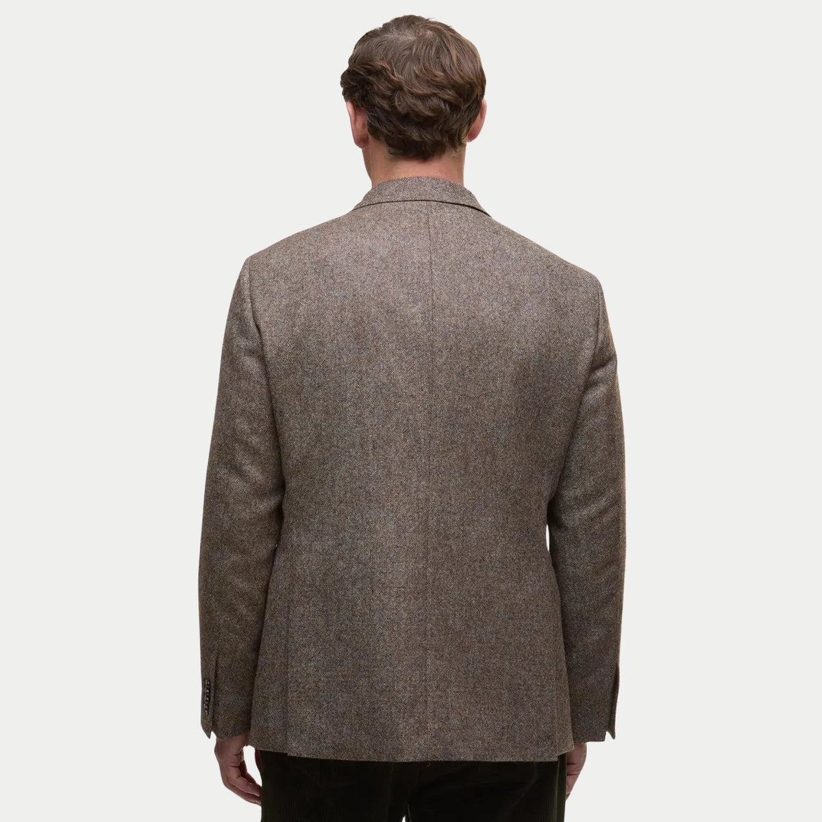 Dos du blazer Godfrey marron : laine Shetland chinée taupe et double fente latérale