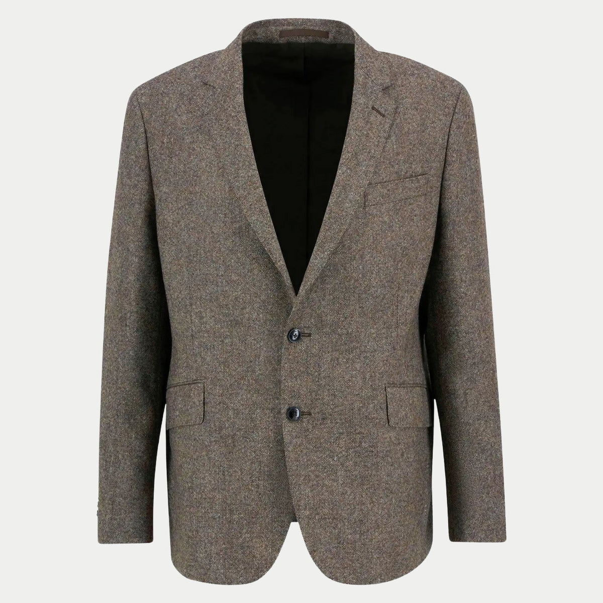Blazer Godfrey Shetland Moons marron à plat, tweed chiné, deux boutons et poche passepoilée
