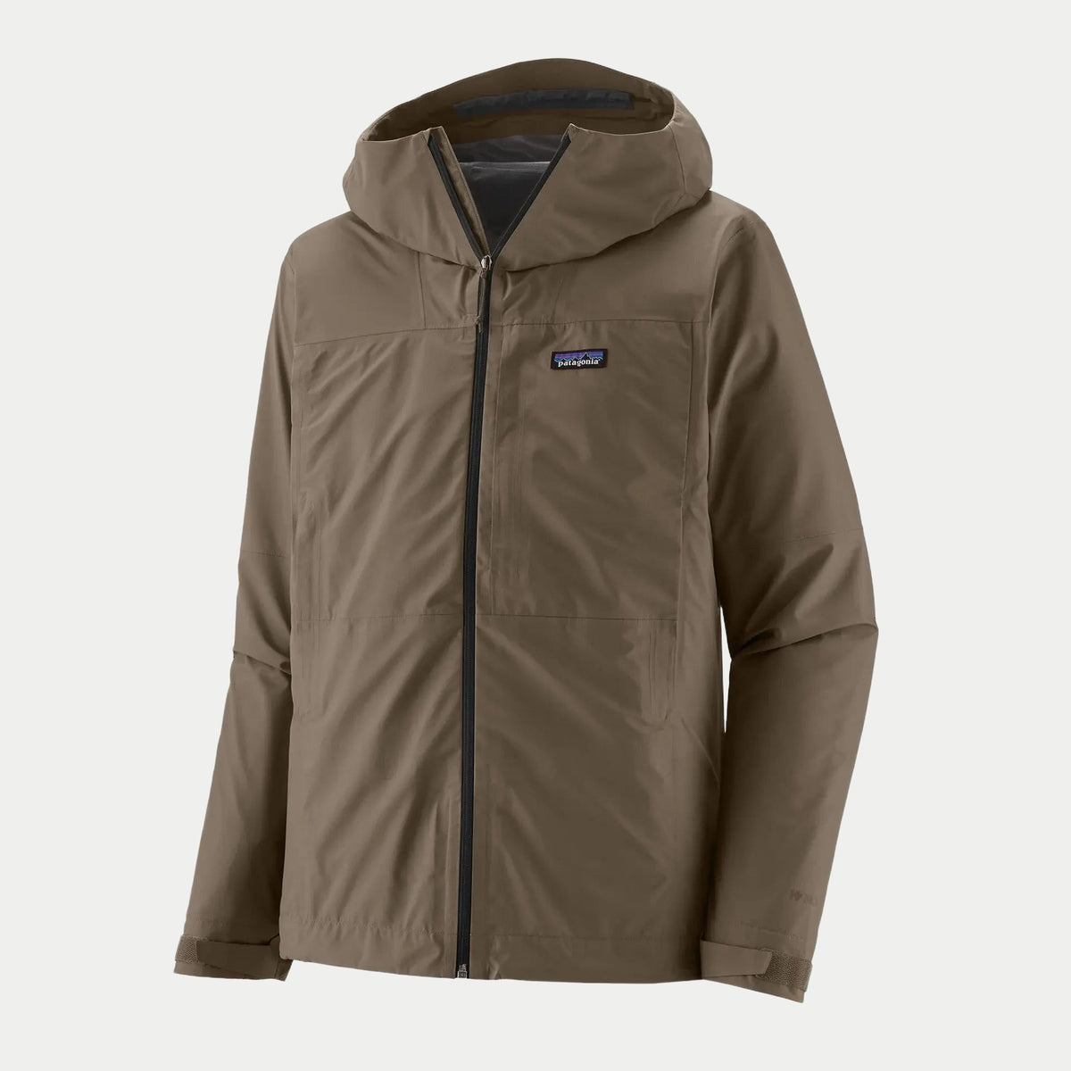 Veste de pluie Boulder Fork Rain Patagonia Marlow Brown, vue à plat de face, capuche et zip central noir