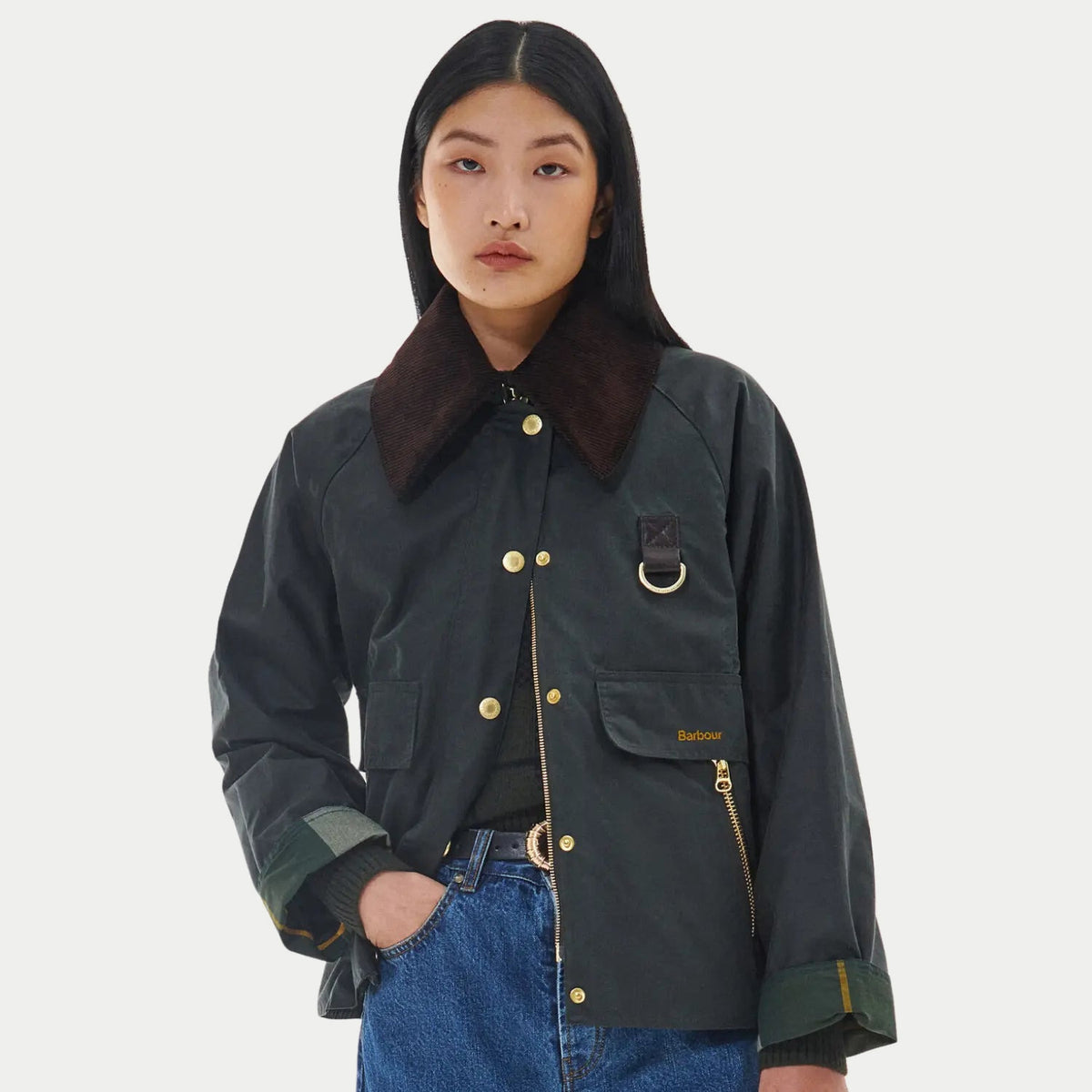 Veste Catton sage Barbour - portée ouverte, zip à anneau et poches zippées