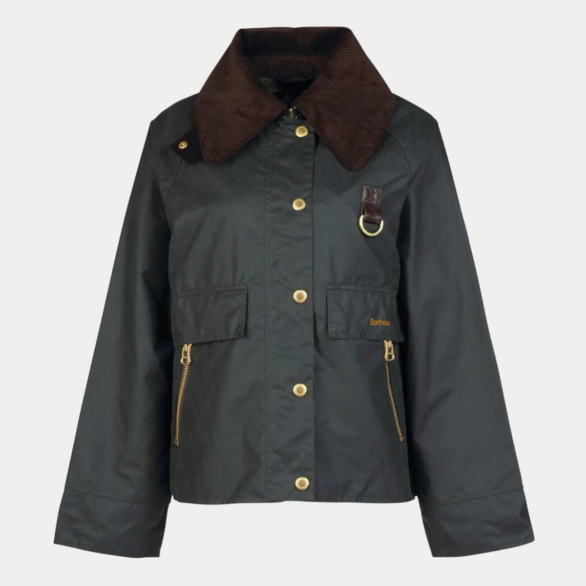Veste Catton sage Barbour - packshot de face, col en velours côtelé chocolat et anneau en D laiton