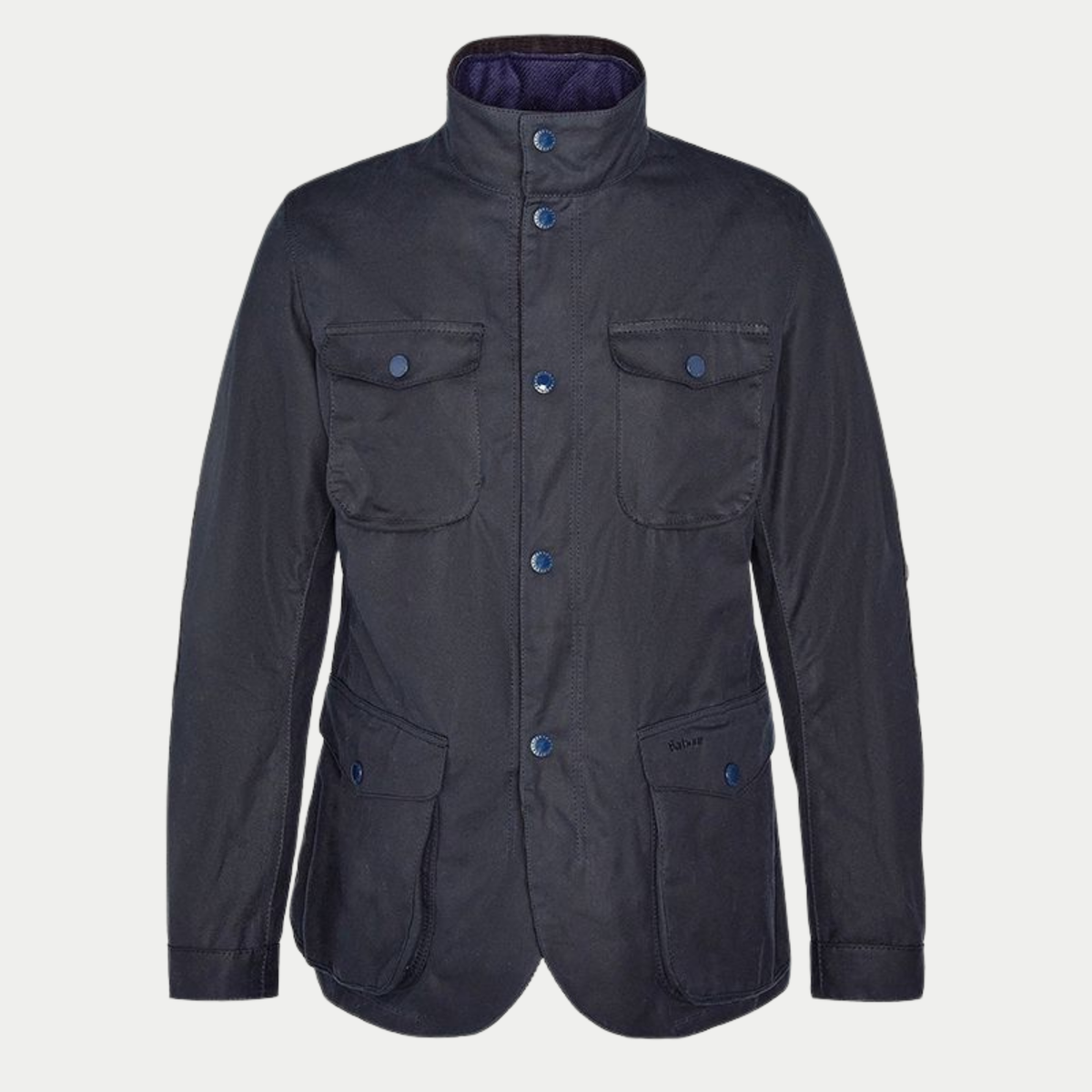 Veste cirée Ogston Barbour marine de face : quatre poches à rabat et col montant à pressions