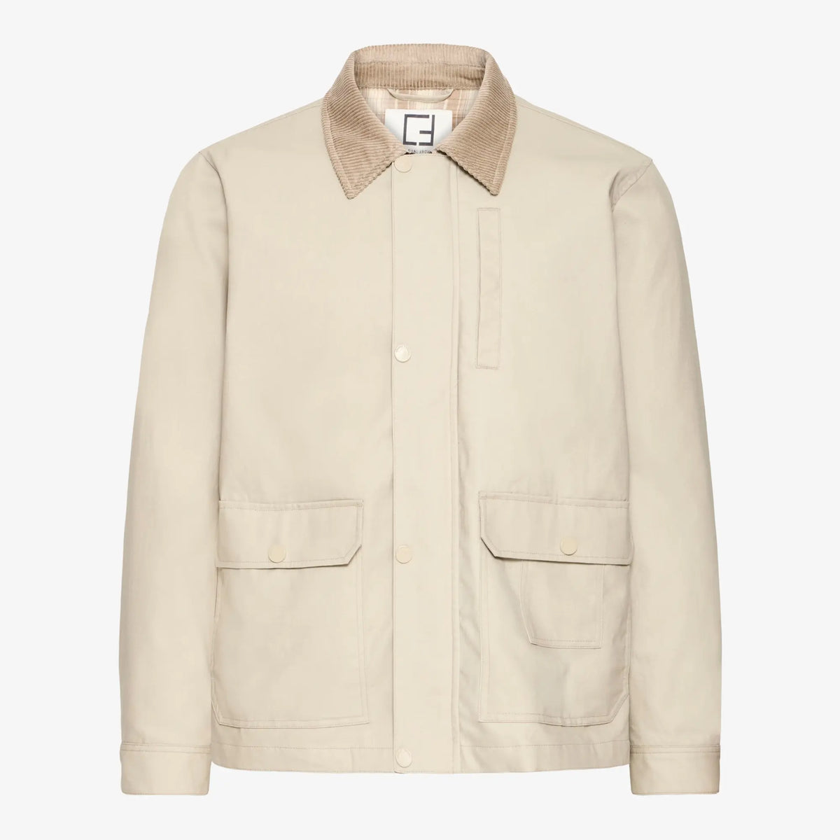 Veste en coton ciré beige à plat, col en velours côtelé et deux grandes poches à rabat