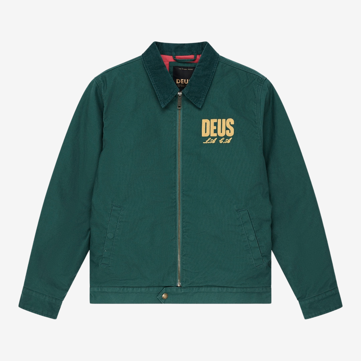 Veste Cutaway Racing Green Deus Ex Machina à plat de face : col en velours côtelé, zip et broderie DEUS couleur sable